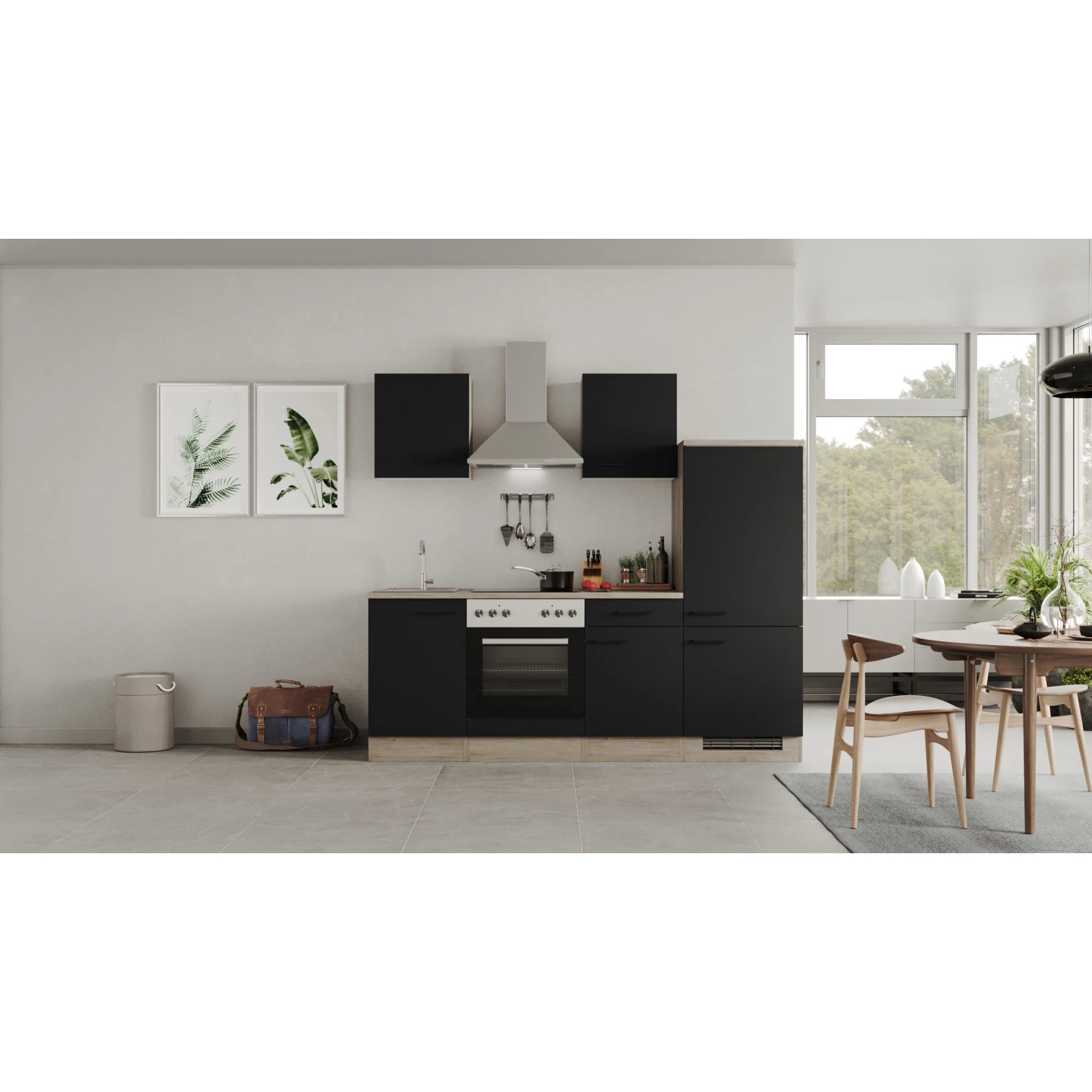 Flex-Well Küchenzeile Capri, 220 cm, Schwarz Matt und Endgrain Oak Dekor, mit E-Geräten.