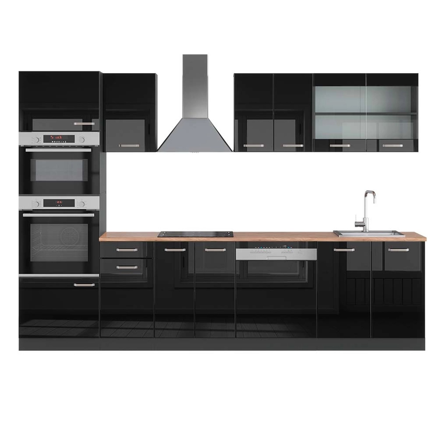 Vicco R-Line Küchenzeile Schwarz Hochglanz/Anthrazit 300 cm mit Hochschrank günstig online kaufen