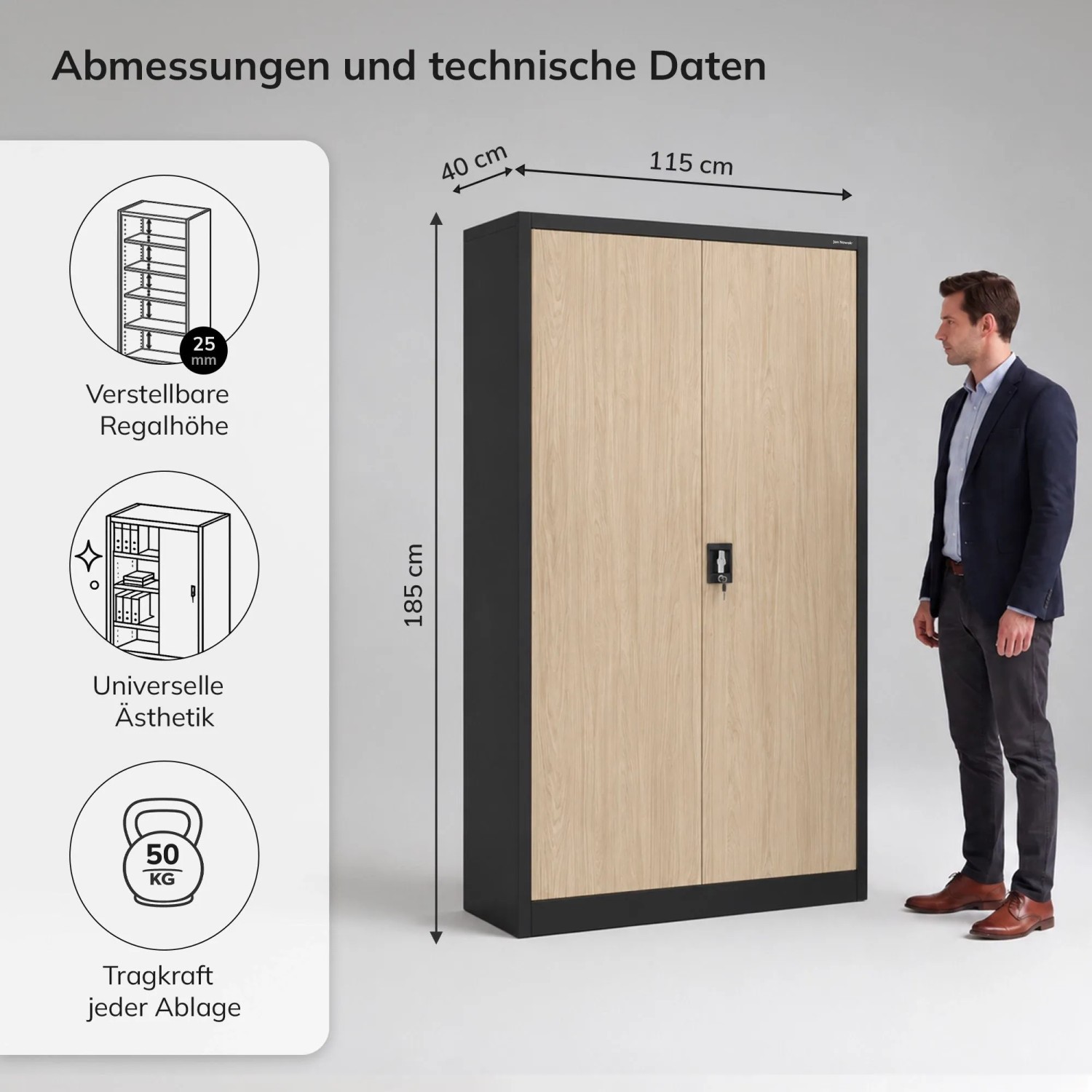 JAN NOWAK Büroschrank JAN II 185x115x40 cm, Anthrazit/Eiche Sonoma. Metall-Aktenschrank mit 2 Türen, verstellbaren Böden.