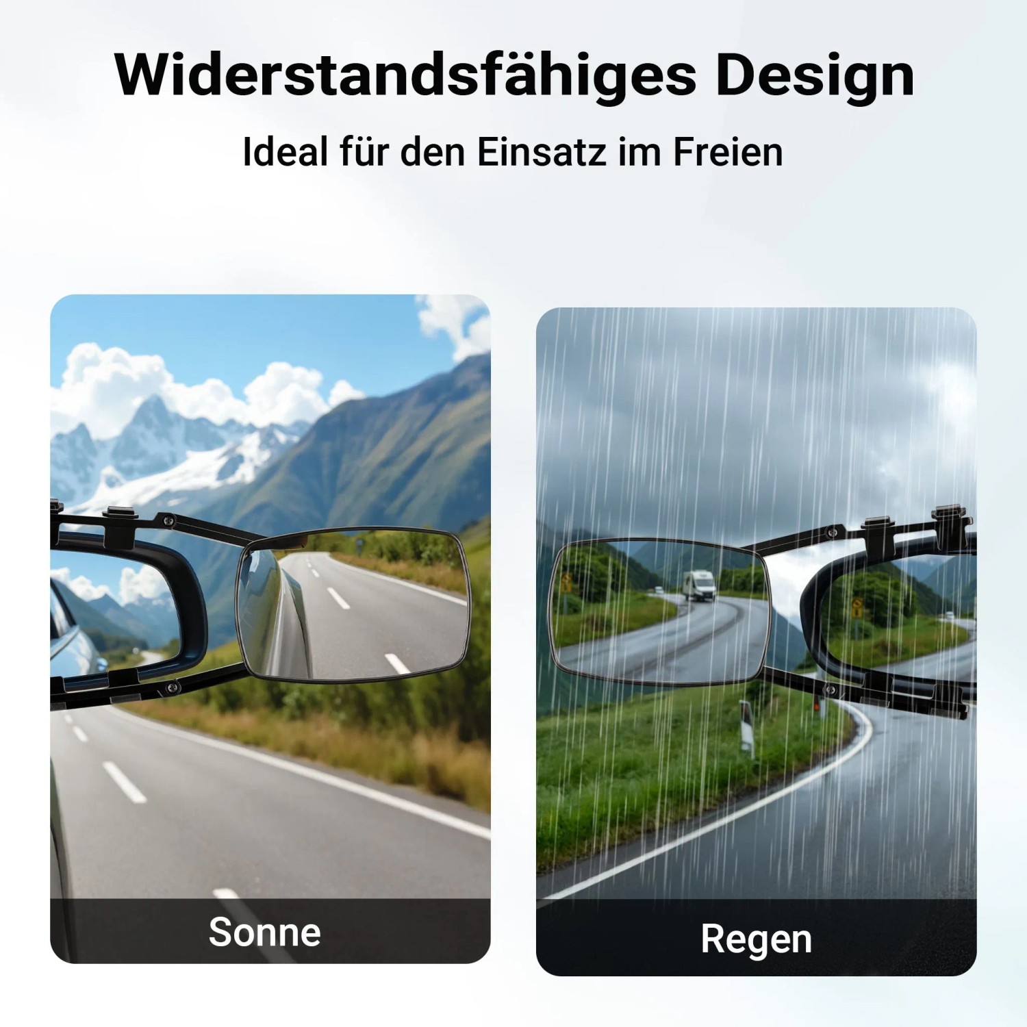 Wiltec Wohnwagenspiegel bei Sonne und Regen. Klare Sicht auf Straße und Landschaft. Robustes Universal Zubehör.