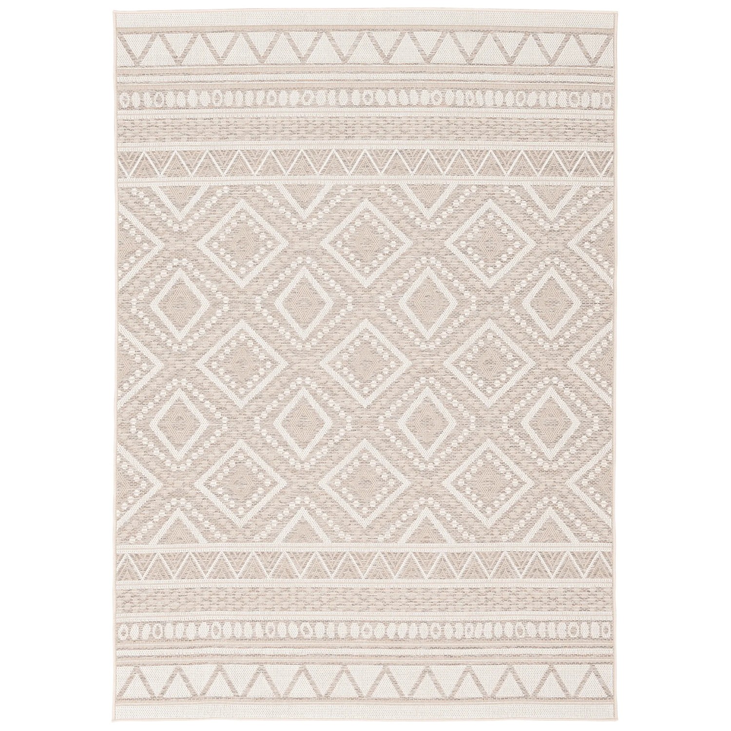 Beiger Outdoor Teppich Ottawa mit Ethno-Muster, 120x170 cm. Flachgewebe, geeignet für Innen- und Außenbereiche.