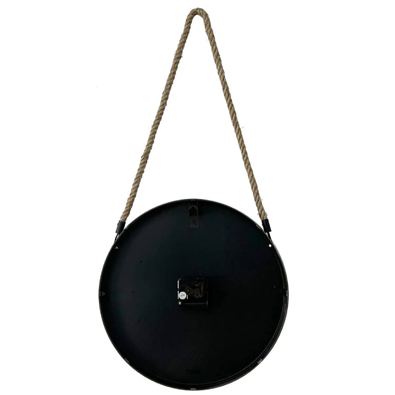 Rückseite der Wall-Art Wanduhr, schwarz, mit Sisalkordel-Aufhängung und Uhrwerk. Ø 35cm.