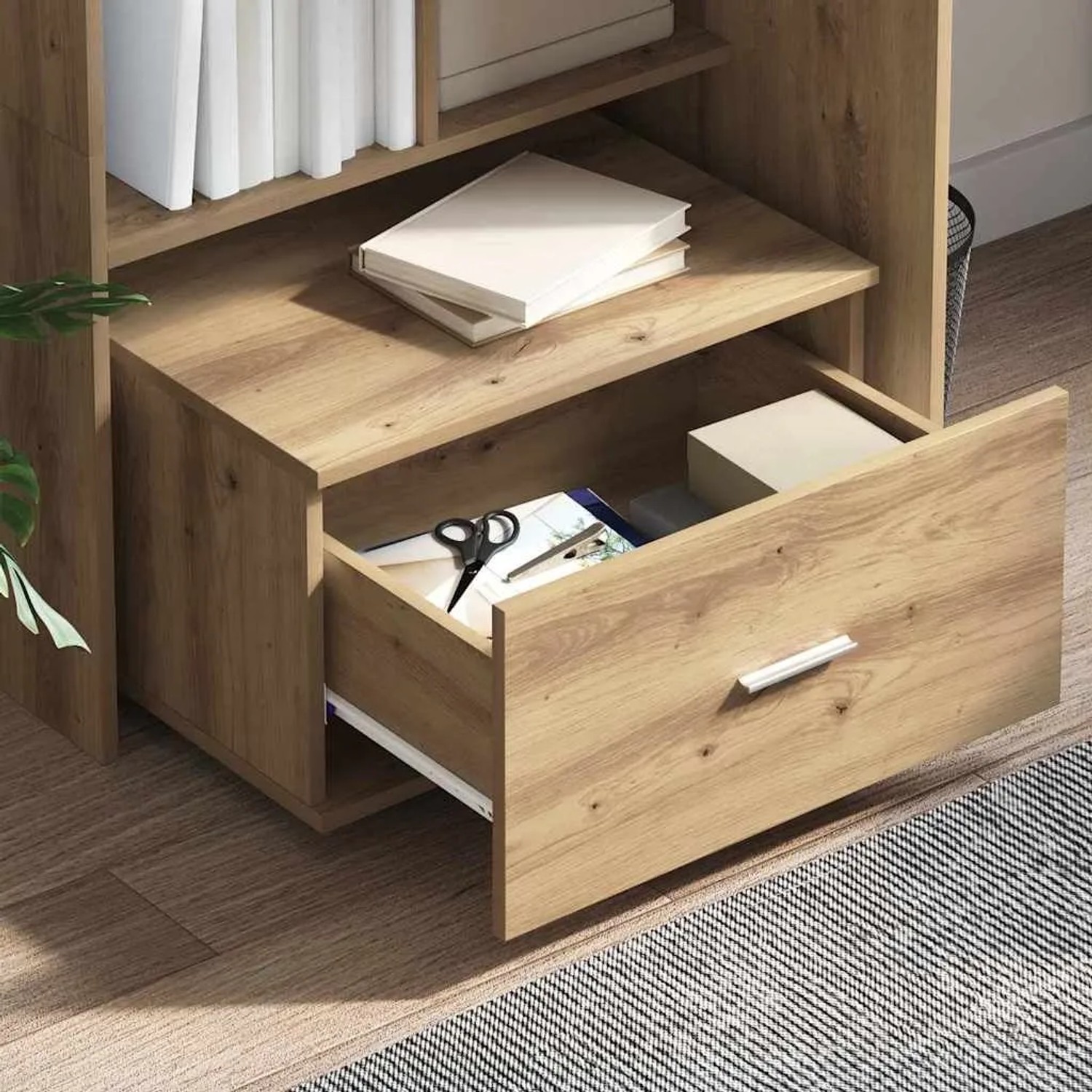 vidaXL Schubladenschrank in Artisan-Eiche mit offener Schublade und Büroartikeln.