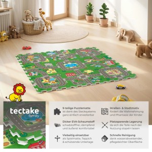 Bunte Tectake Puzzlematte Mycity, 9-teilig mit Stadtmotiv aus EVA-Schaumstoff.