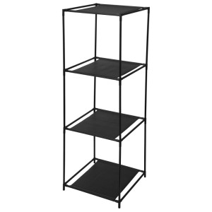 Schwarzes Metallregal mit 4 Ablagen (34x34x98cm) für Wandmontage, ideal zur Aufbewahrung.