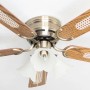 Extra flacher Deckenventilator Pepeo Kisa Deluxe, Messing Antik, Flügel Eiche/Walnuss, mit Beleuchtung.