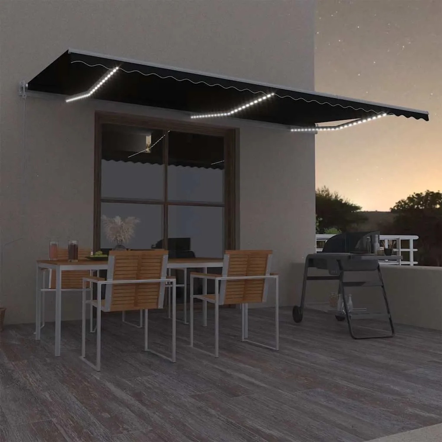 Anthrazitfarbene, automatische vidaXL Markise mit LED und Windsensor (600x300 cm) über einer Terrasse.