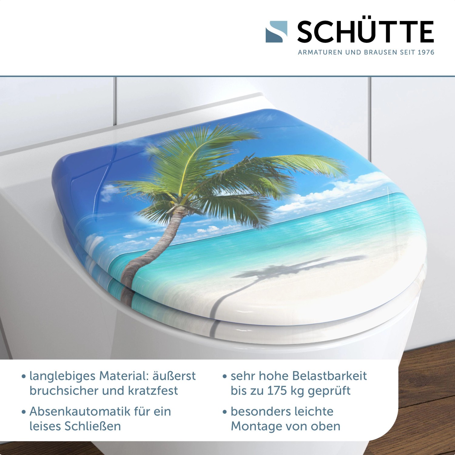 Schütte WC-Sitz Carribean mit Strandmotiv, Absenkautomatik und Schnellverschluss.