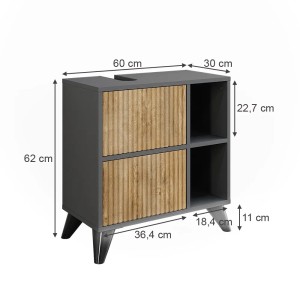 Waschbeckenunterschrank Leano in Anthrazit/Bergeiche mit 2 Schubladen und Maßen.
