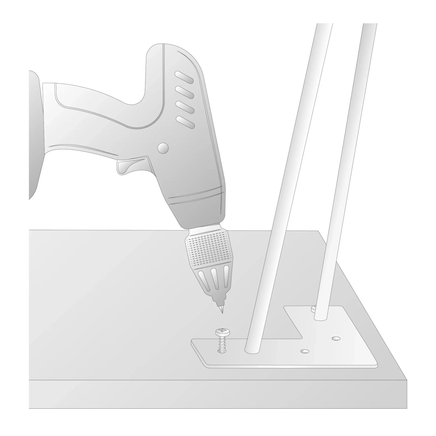 Montage eines schwarzen Wagner Hairpin Möbelbeins mit Schraube und Akkuschrauber.