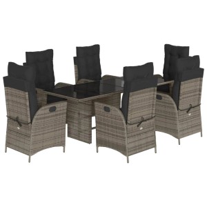 7-teilige Garten Essgruppe aus grauem Poly Rattan mit Tisch und 6 Stühlen mit Kissen.
