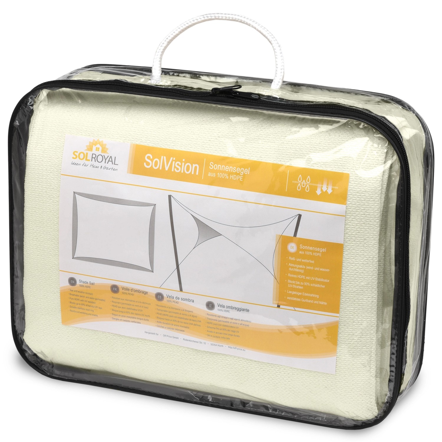 Sol Royal Sonnensegel HS9, 500x600cm, rechteckig, Creme, verpackt in Tragetasche.