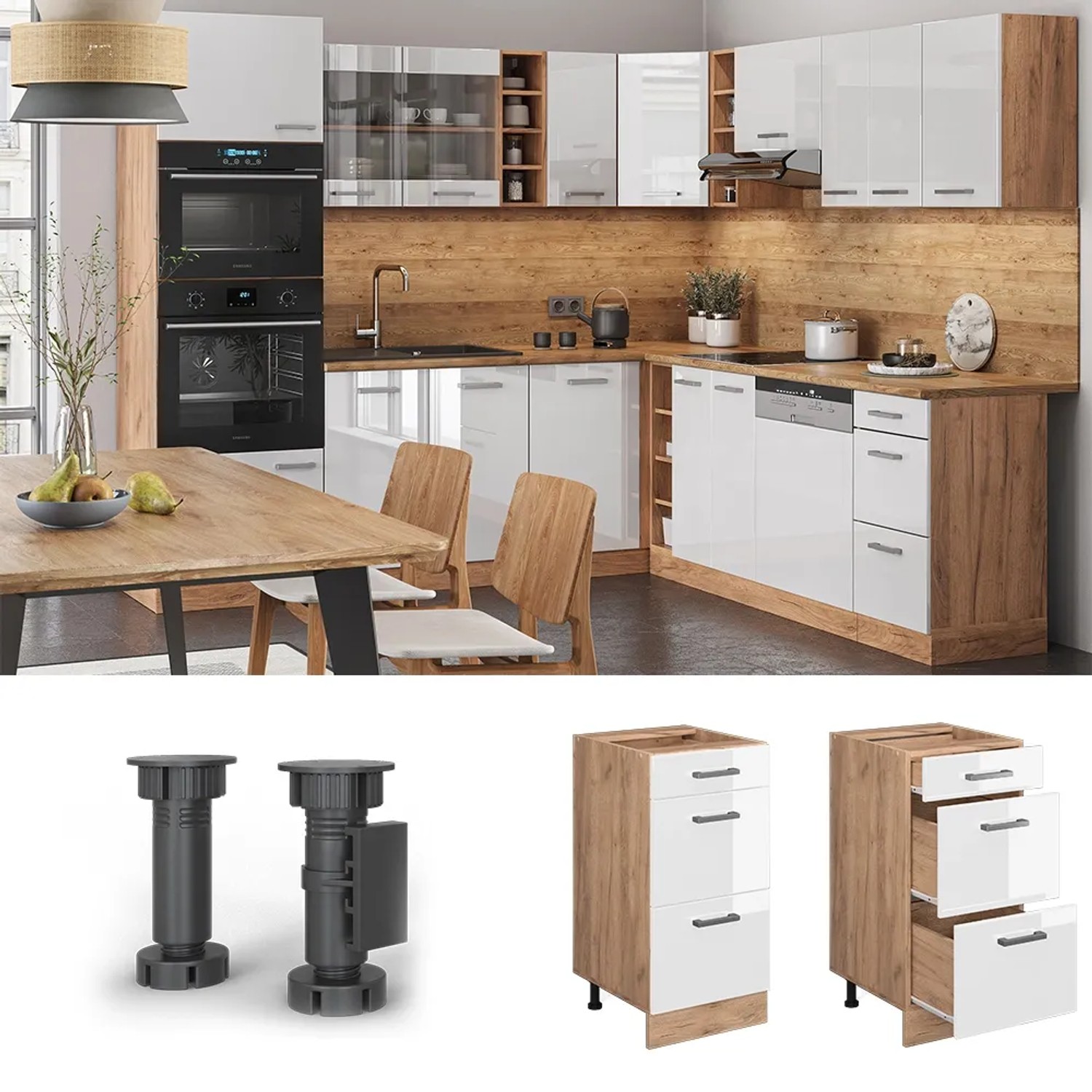 Vicco Küchenunterschrank R-Line, weiß hochglanz/Eiche, 40cm, mit Schubladen. Küchenmöbel für modernes Küchendesign.