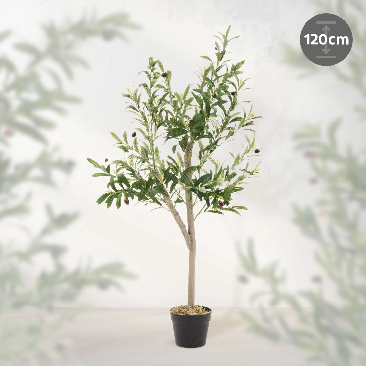 ML-Design künstlicher Olivenbaum, 120 cm hoch, mit Oliven und Naturholzstamm im Topf.