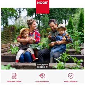 NOOR Familie gärtnert im Hochbeet, erntet Gemüse. Frau, Mann, zwei Kinder. Gartenprodukte der Profis, zertifizierter Anbieter.