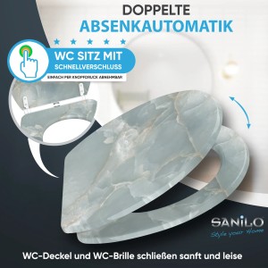 SANILO WC-Sitz Marmor Italia mit Absenkautomatik und Schnellverschluss. Hellblau-graues Marmordesign, abnehmbar.