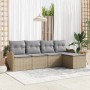 Beiges 5-tlg. vidaXL Garten-Sofa-Set aus Poly Rattan mit Kissen und Stauraum.