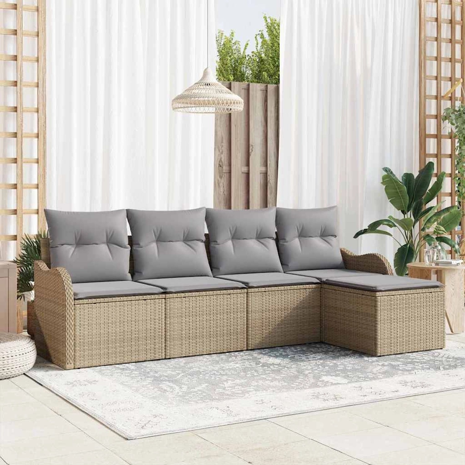 Beiges 5-tlg. vidaXL Garten-Sofa-Set aus Poly Rattan mit Kissen und Stauraum.