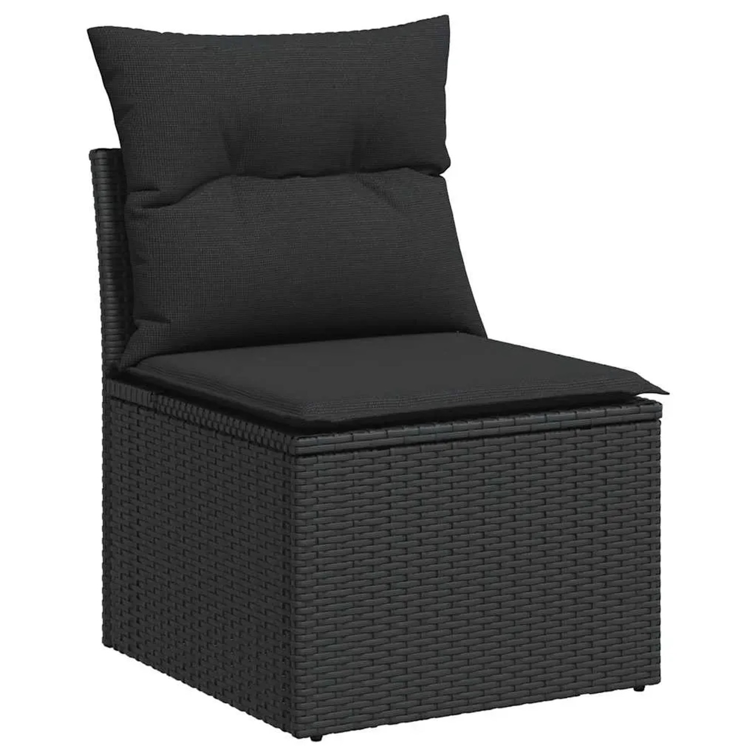 Schwarzes vidaXL Gartensofa aus Rattan mit Kissen, Teil einer 7-teiligen Garten-Sofagarnitur.