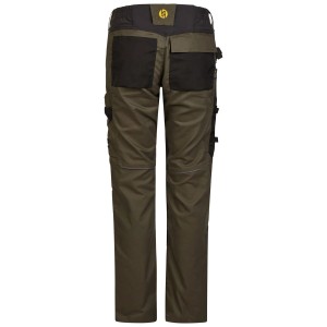 Hans Schäfer Workwear Bundhose Amazone Damen in Oliv, Rückansicht. Robuste Arbeitshose mit schwarzen Gesäßtaschen und Stretch-Bereichen.