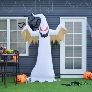 Großes weißes aufblasbares Halloween Gespenst mit roten LED-Augen und goldenen Armen, Gartendekoration.