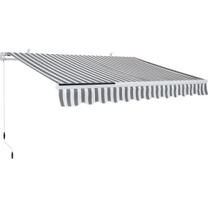 Gelenkarmmarkise Aventura Solar-LED 3x2m, grau-weiß gestreift, mit Kurbel und Solarpanel.