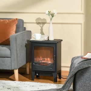Schwarzer HOMCOM Elektrokamin mit realistischen Flammen im Wohnzimmer. Kompakte Heizung für gemütliche Atmosphäre.