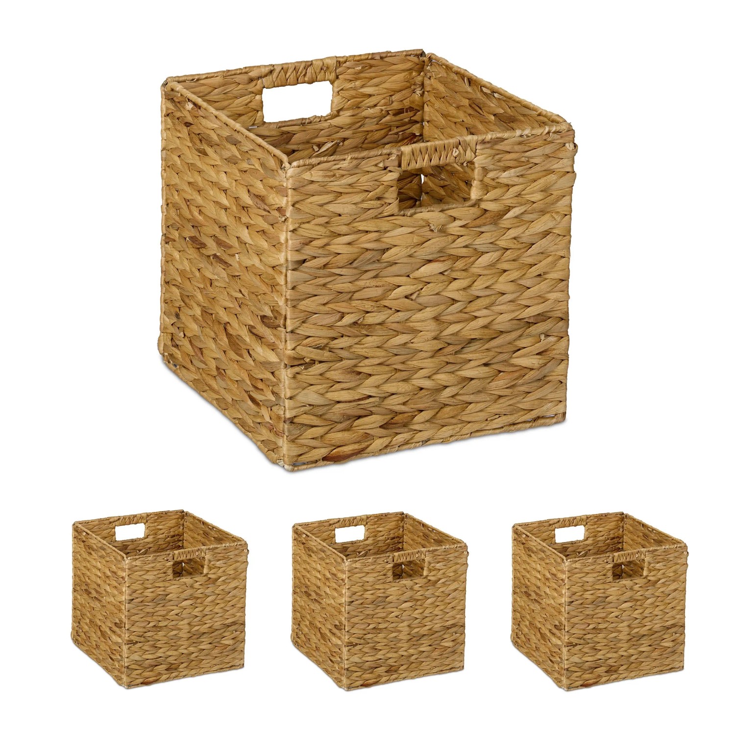 Relaxdays Aufbewahrungskorb Wasserhyazinthe Natur 4er Set Zusammenfaltbar 30 cm x 30 cm x 30 cm