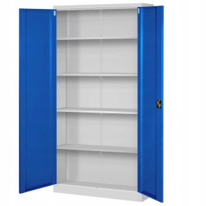 Jan Nowak Metallschrank, grau/blau, mit geöffneten Türen und 4 Fachböden.