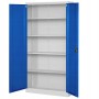 Jan Nowak Metallschrank, grau/blau, mit geöffneten Türen und 4 Fachböden.