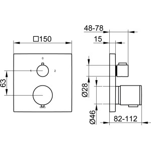 Technische Zeichnung Keuco Edition 11 Thermostatbatterie, Chrom, Ab- und Umstellventil, UP-Montage, Maße