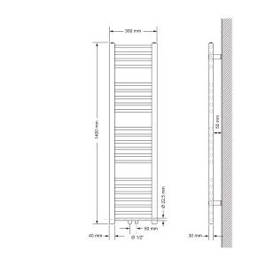 Technische Zeichnung: LuxeBath Badheizkörper, 300x1400 mm, Anthrazit, gerade, mit Maßangaben.