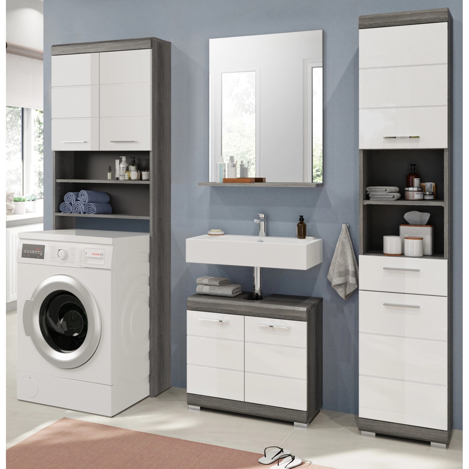 Inn.Furn Badmöbel-Set Weiß Hochglanz Grau 4-teilig 190 cm 14 Fächer Shawn günstig online kaufen