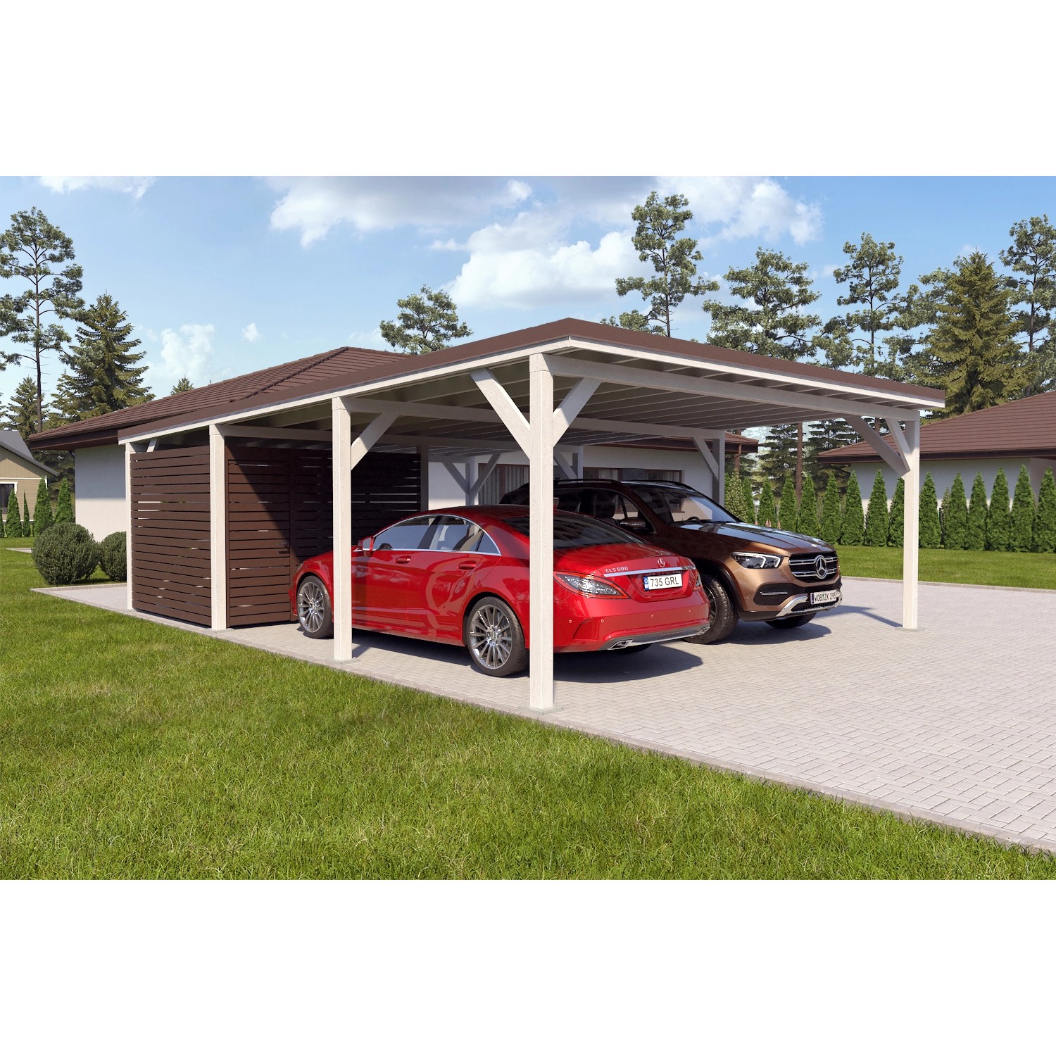 Holzbrüder Carport Ralf 52m² mit kl. Geräteraum Weiß-Dunkelbraun günstig online kaufen