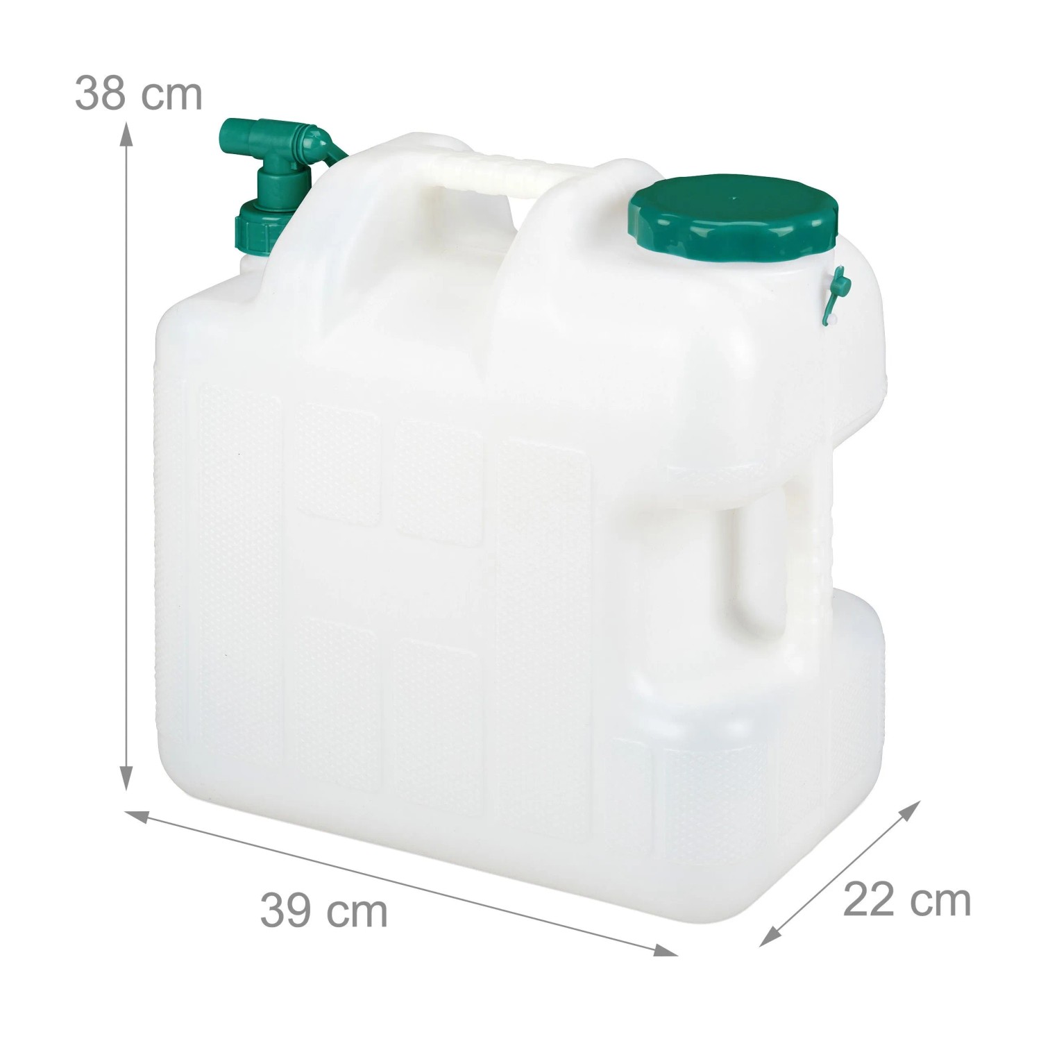 Weißer Relaxdays Wasserkanister (25 l) aus Kunststoff mit grünem Hahn für Camping & Outdoor.
