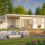 Palmako Gartenhaus Andrea Slide Plus, braun tauchgrundiert, mit Schiebetüren und überdachtem Anbau.
