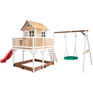 Axi Liam Spielhaus mit Nestschaukel, Rutsche, Sandkasten, Holz, braun-weiß-rot.