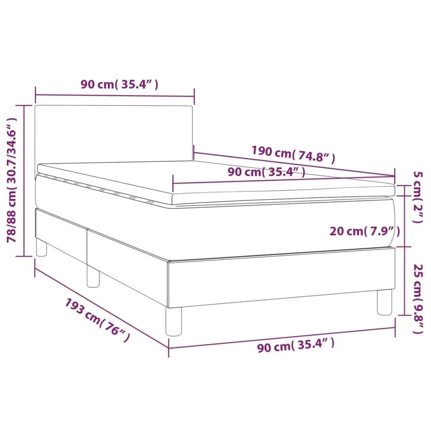 vidaXL Boxspringbett Creme 90x190 cm mit Matratze und Topper, Maße eingezeichnet.