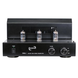 Schwarzer Dynavox TPR-1 Röhrenvorverstärker mit drei Röhren. Hi-Fi-Gerät für puristischen Klanggenuss.