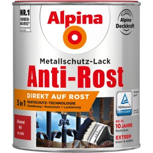 Dose Alpina Metallschutz-Lack Anti-Rost Rot glänzend, 750ml, mit Rostschutz-Technologie.