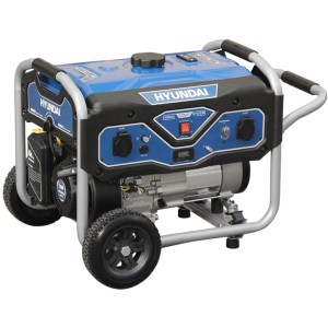 Hyundai Stromerzeuger BG55051 mit 3 kW, Benzin-Generator mit blauem Gehäuse und Rädern.