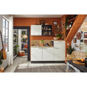 pino Küchenzeile 180 cm in Weiß mit Geräteschrank und Eiche Arbeitsplatte.