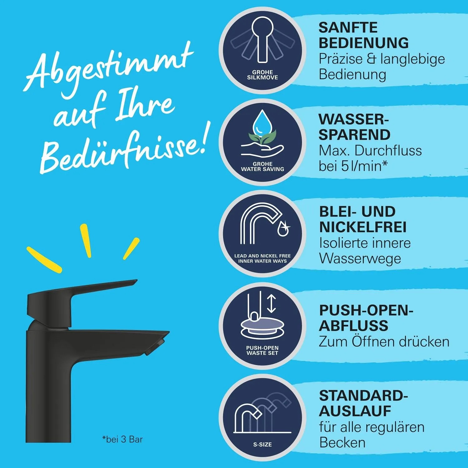 Grohe QuickFix Waschtischarmatur Start S-Size Schwarz mit Wassersparfunktion und Push-Open Ablaufgarnitur.