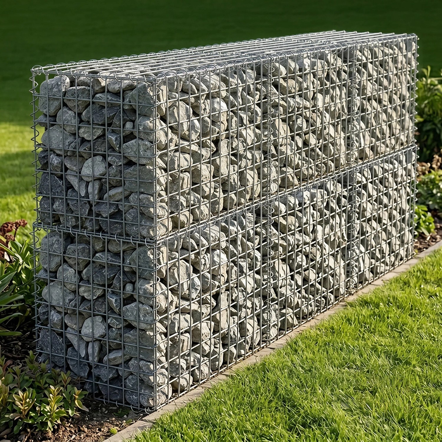 Silberne Gabione aus verzinktem Stahlgitter, gefüllt mit Steinen, als Garten-Sichtschutz oder Stützmauer. 100x30x30 cm.