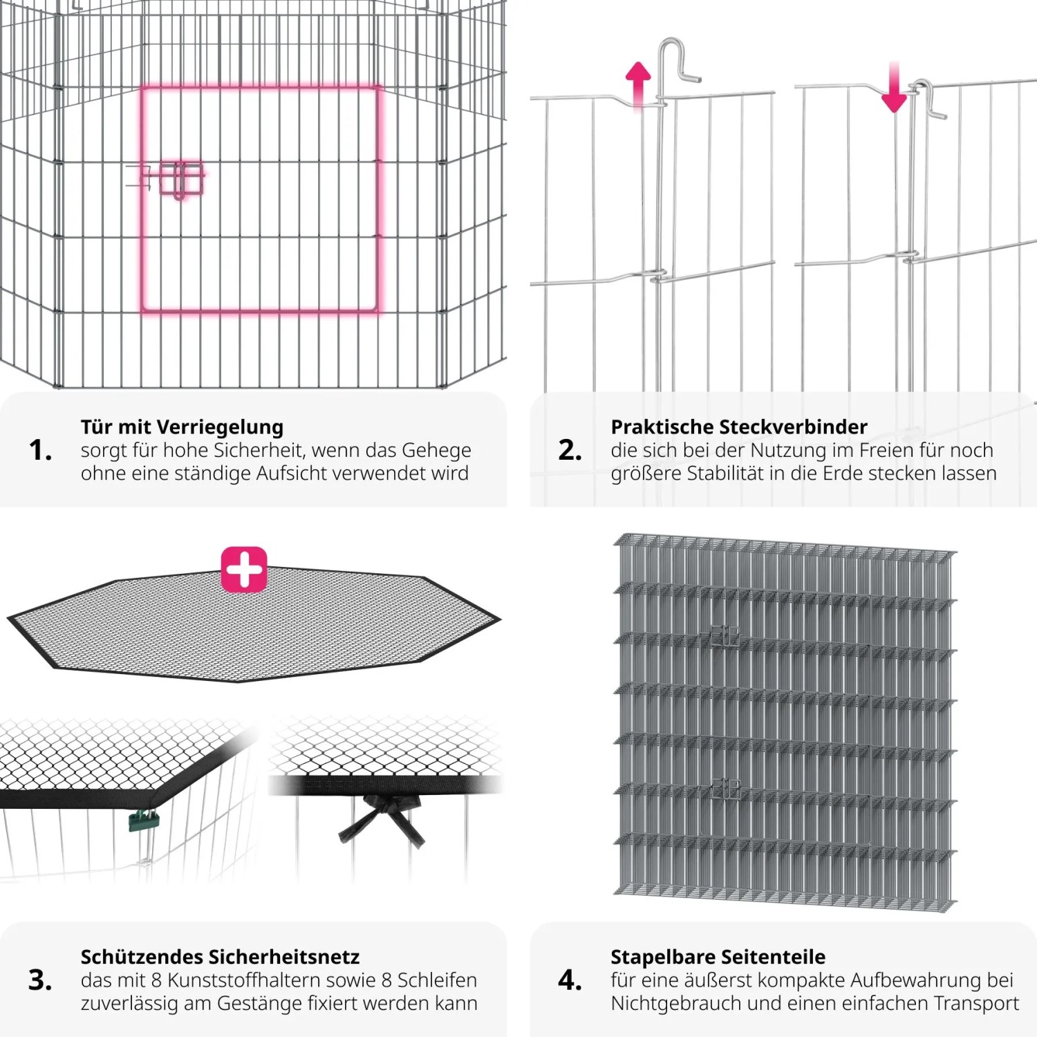 Tectake Freilaufgehege Hopper mit Sicherheitsnetz, 8 Gitterelemente, schwarz, für Nager und Kleintiere.