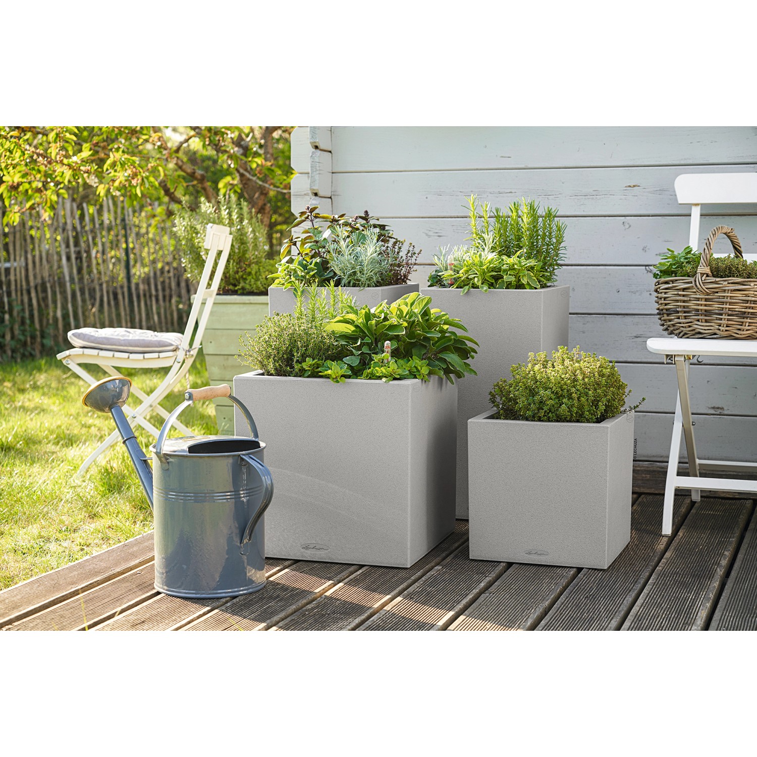 Lechuza Canto Stone Pflanzkübel, steingrau, in verschiedenen Größen bepflanzt im Außenbereich.