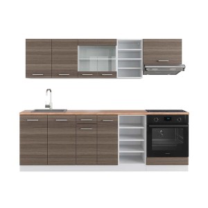 Vicco R-Line Küchenzeile, 240 cm, Edelgrau/Weiß, Eiche Arbeitsplatte. Küchenblock mit Spüle und Herd.