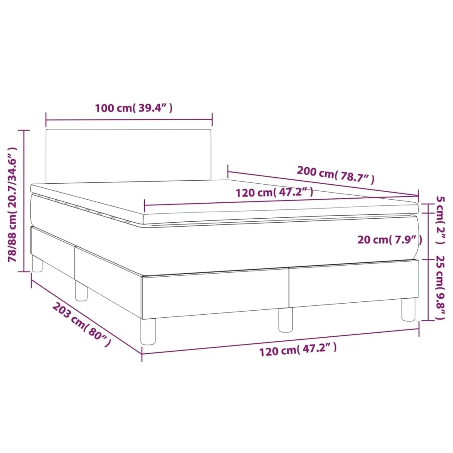 vidaXL Boxspringbett rosa (120x200 cm) mit Matratze und Topper, Maßeinteilung.