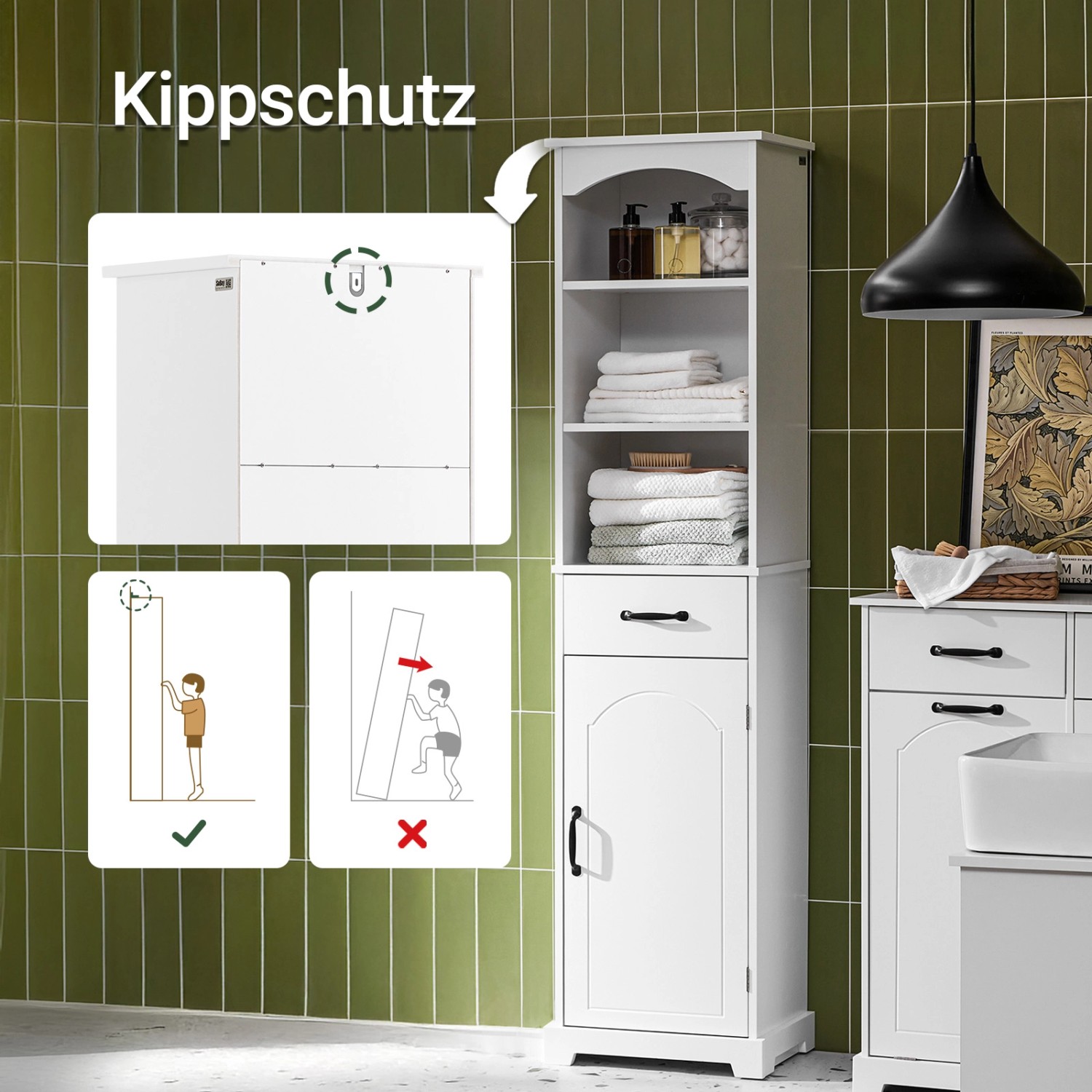Weißer SoBuy Badezimmerschrank Hochschrank mit Einlegeböden und Schublade, Details zum Kippschutz.