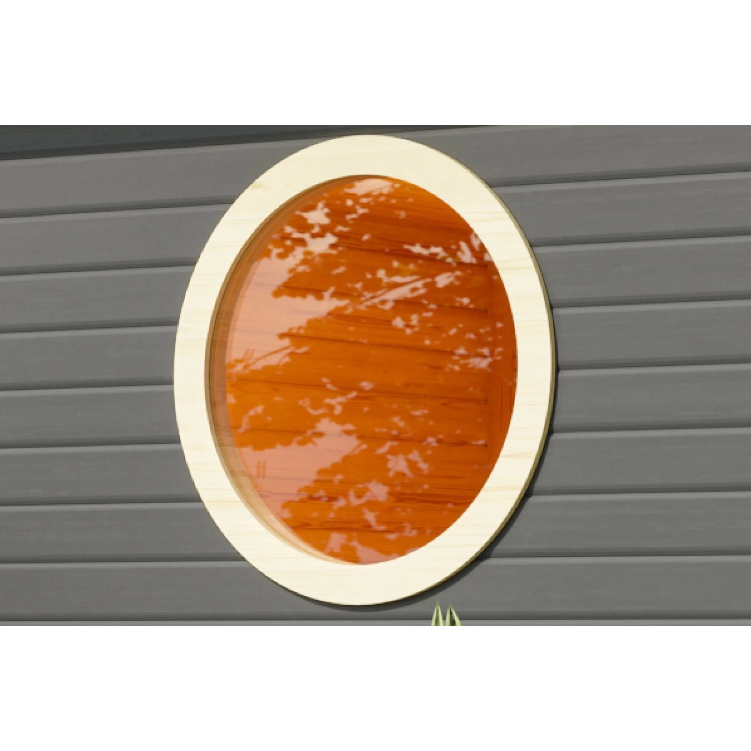 Rundes Karibu Saunafenster mit Klarglas und weißem Rahmen für mehr Licht in der Sauna.